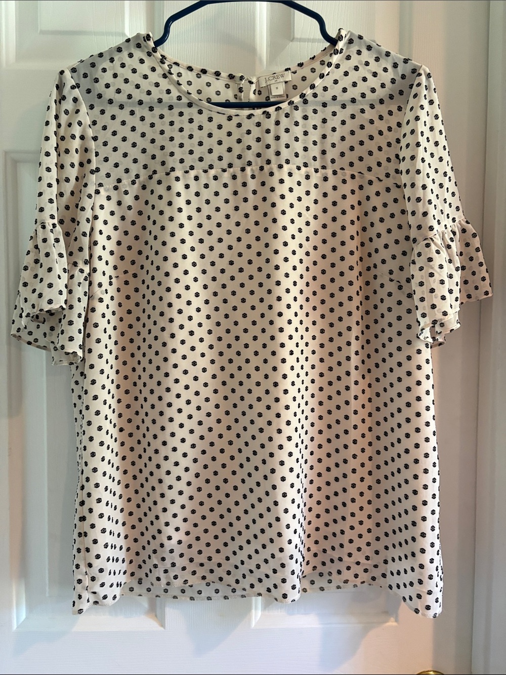 J. Crew Cream Blouse with Black Polka Dots and Ruffle Sleeves
